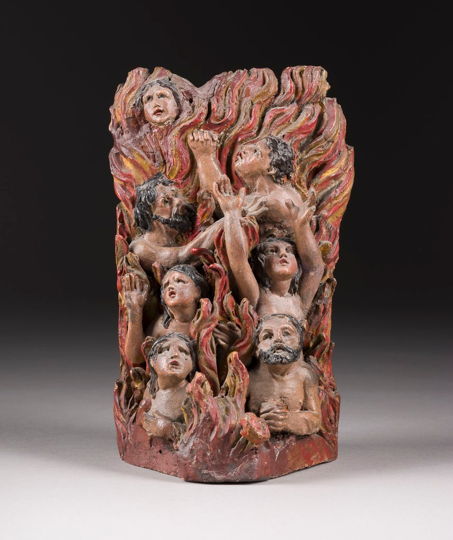 | RELIEF: ARME SEELEN: RELIEF: ARME SEELEN Süddeutschland / Österreich um 1700 Terrakotta, plastisch modelliert, originale polychrome Fassung. H. 18,5, B. 11,5, T. ,9,5 cm, Gew. ca. 0,76kg. Ausdrucksstarke Terrakottafigur