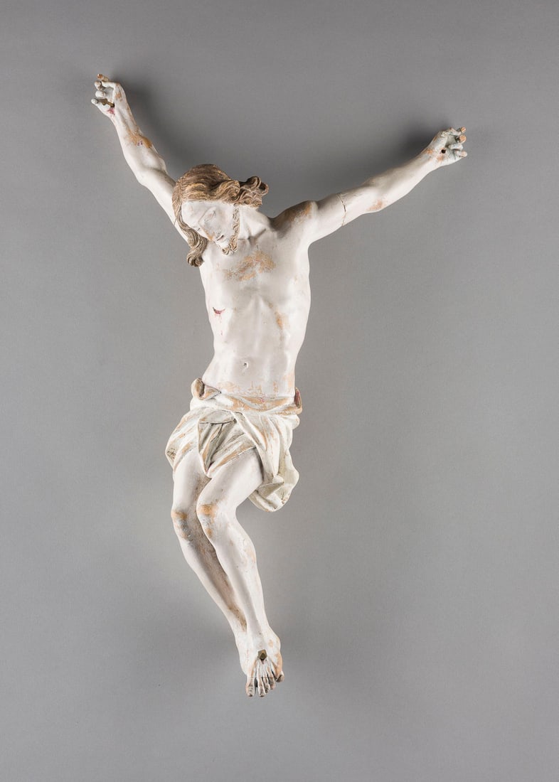 | KORPUS CHRISTI: KORPUS CHRISTI Deutsch, um 1800 Holz, plastisch geschnitzt, polychrom gefasst, grundiert. H. 64, B. 41, T. 17 cm, Gew. ca. 1,38kg. Part. best. und besch., Fassungsverluste.KORPUS CHRISTI