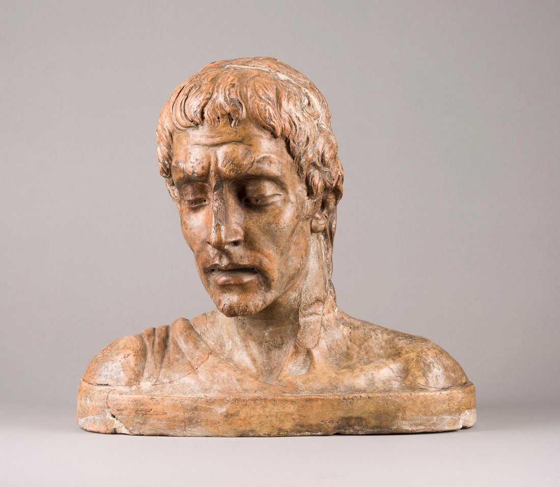 UNBEKANNTER BILDPLASTIKER | BÜSTE EINES PHILOSOPHEN WOHL 'S: UNBEKANNTER BILDPLASTIKER Tätig 18./19. Jh. BÜSTE EINES PHILOSOPHEN WOHL 'SENECA' Bozzetto, Terrakotta plastisch modelliert. H. 37, B. 38, T. 21 cm, Gew. ca. 7,16kg. Part. best. und besch.BÜSTE EIN