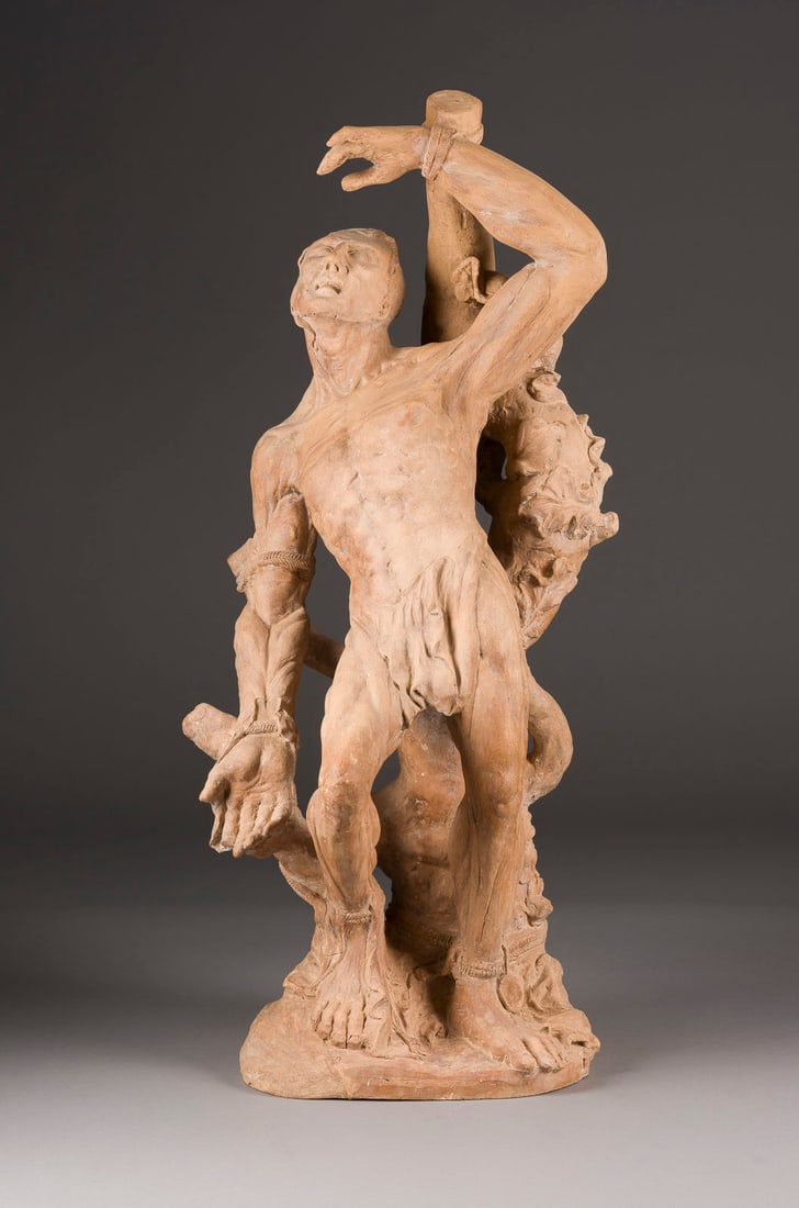 | HEILIGER BARTHOLOMÄUS: HEILIGER BARTHOLOMÄUS Italien, um 1600 Terrakotta, vollplastisch modelliert, auf einem Sockel. H. 72, B. 34, T. 28 cm, Gew. ca. 12,69kg. Vollplastische Darstellung des Heiligen Bartholomäus, der