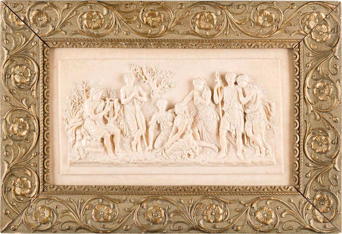 CARL LUDWIG FRIEDRICH BECKER | RELIEF: SZENERIE 'VENUS UND: CARL LUDWIG FRIEDRICH BECKER 1820 Berlin - 1900 ebenda RELIEF: SZENERIE 'VENUS UND ORPHEUS' Steinguss, vergoldeter Holzrahmen (R. 29,5 x 43 cm). Relief 18 x 32 cm, Gew. ca. 2,7kg. Unten links