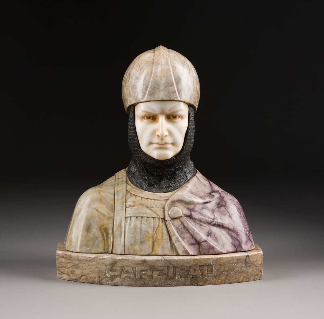 UNBEKANNTER BILDPLASTIKER | BÜSTE 'PARSIFAL': UNBEKANNTER BILDPLASTIKER Tätig Ende 19. Jh. BÜSTE 'PARSIFAL' Marmor und Alabaster, auf einem Sockel (H. 4 cm). Ges.-H. 32, B. 27, T. 16 cm, Gew. ca. 9,89kg. Vorderseitig bezeichnet 'Parsifal'.