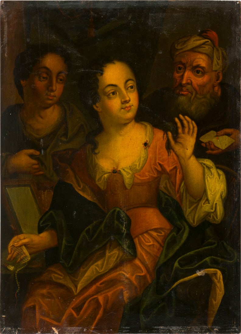 JEAN-BAPTISTE VAN LOO (NACHFOLGER DES 19. JH.) | LA LETTIE: JEAN-BAPTISTE VAN LOO (NACHFOLGER DES 19. JH.) 1684 Aix-en-Provence - 1745 ebenda LA LETTIE ATTENDUE - DER ERWARTETE BRIEF Öl auf Hartholztafel. 38,5 x 28 cm. Verso: Auf altem Papierlabel Name und Le