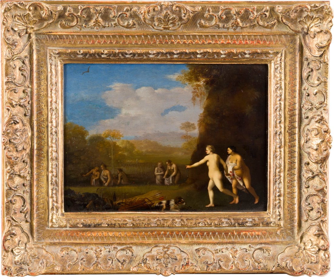 CORNELIS VAN POELENBURGH (ATTR.) | DIANA MIT GEFOLGE: CORNELIS VAN POELENBURGH (ATTR.) 1594/95 Utrecht - 12. August 1667 ebenda DIANA MIT GEFOLGE Öl auf Eichenholztafel. 21 x 26,5 cm (R. 35,5 x 42 cm). Part. min. altrest., part. min. Altretuschen. Rahme