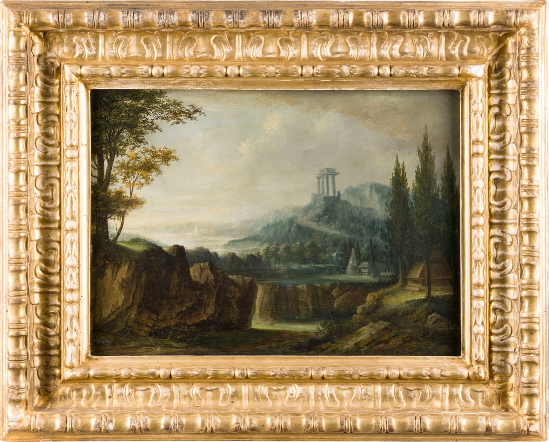 PAUL BRIL (ATTR.) | CAMPAGNA ROMANA: PAUL BRIL (ATTR.) 1554 Antwerpen - 1626 Rom CAMPAGNA ROMANA Öl auf Eichenholztafel (parkettiert). 37 x 50 cm (R. 58 x 71cm). Part. min. altrest., part. min. Altretuschen. Rahmen. Provenienz: Privatsa