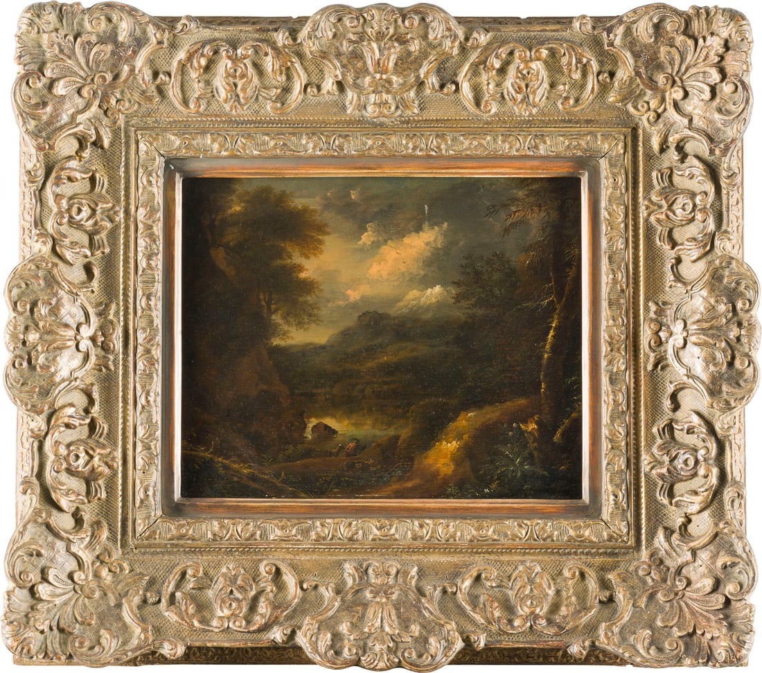 NIEDERLÄNDISCH-FLÄMISCHE SCHULE DES 17. JH. | FLUSSLANDSCHA: NIEDERLÄNDISCH-FLÄMISCHE SCHULE DES 17. JH. FLUSSLANDSCHAFT MIT GEBIRGE IN DER ABENDSTIMMUNG WAHRSCHEINLICH AUS DER SAMMLUNG ALPHONSE DE ROTHSCHILD, PARIS Öl auf Eichenholztafel. 27,5 x 34 cm (R. 5