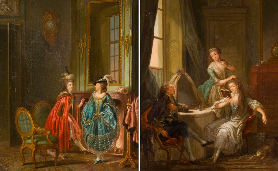 JOHANN HEINRICH TISCHBEIN DER JÜNGERE | PAAR GEMÄLDE: VERTR: JOHANN HEINRICH TISCHBEIN DER JÜNGERE 28. November 1742 Haina (Kloster) - 22. Dezember 1808 Kassel PAAR GEMÄLDE: VERTRAULICHE STUNDE IM SALON / DIE GALANTE UNTERREDUNG Öl auf Leinwand. Beide: 49,5