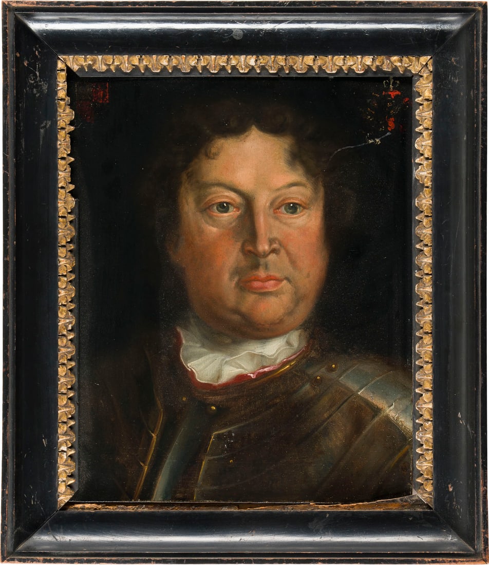 SÜDDEUTSCHE SCHULE, UM 1700 | BRUSTBILDNIS EINES ADLIGEN MA: SÜDDEUTSCHE SCHULE, UM 1700 BRUSTBILDNIS EINES ADLIGEN MANES MIT RÜSTUNG Öl auf Holztafel. 41 x 32 cm (R. 51,5 x 44,5 cm). Min. altrest., part. min. Altretuschen, linkere obere Ecke Adelswappen ber