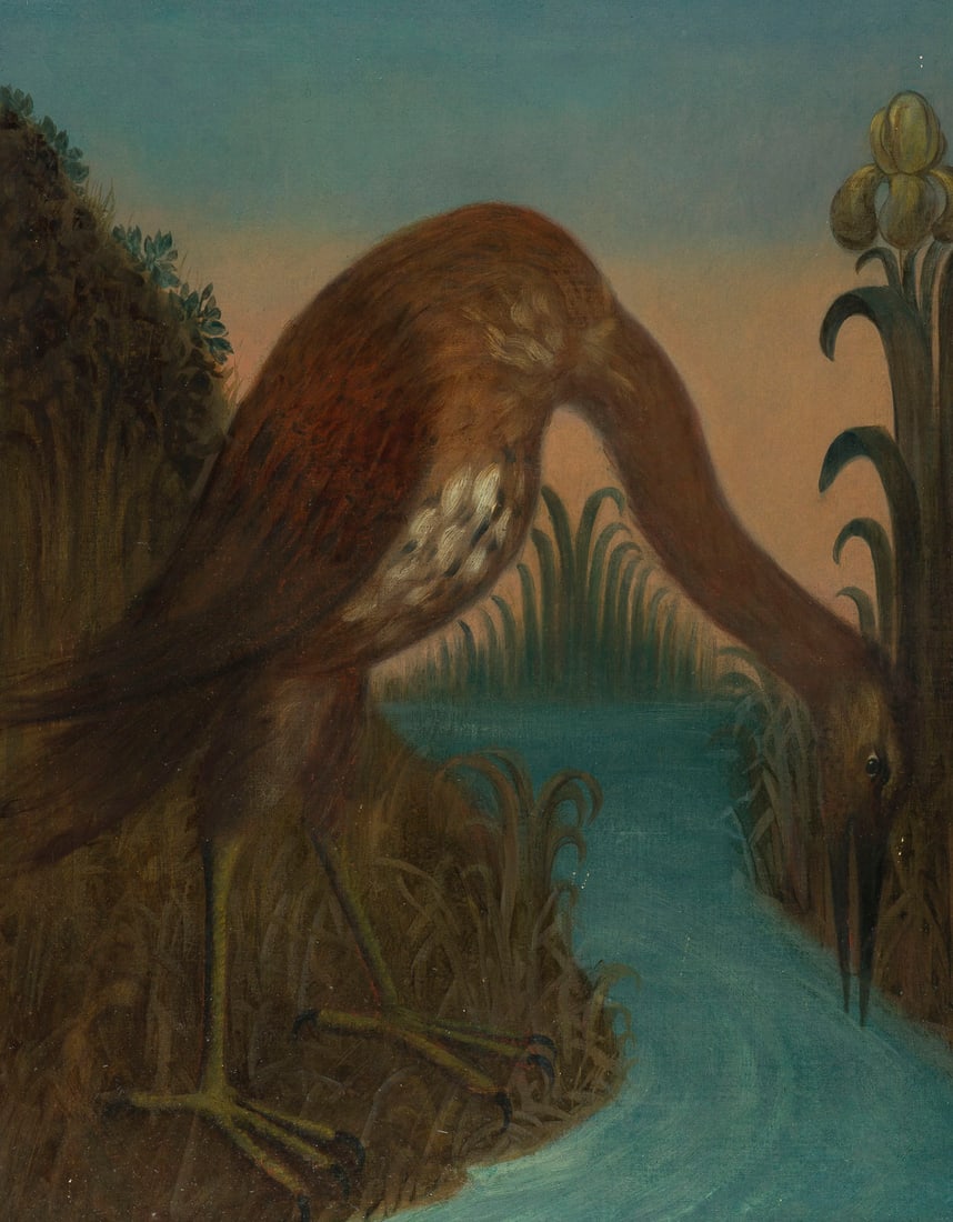 FRANZÖSISCHE SCHULE DES 18. JH. | FLUSSLANDSCHAFT MIT REIHE: FRANZÖSISCHE SCHULE DES 18. JH. FLUSSLANDSCHAFT MIT REIHER BEI DER NAHRUNGSSUCHE Öl auf. 77 x 58 cm (R. 84 x 64,5 cm). Part. leicht rest., part. min. Altretuschen. Rahmen. Provenienz: Privatsammlung