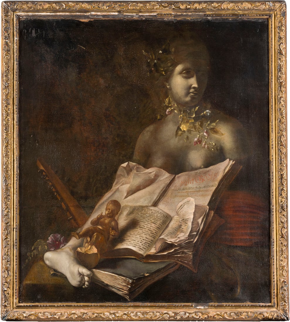 ABRAHAM VAN DER SCHOOR (ATTR.) | VANITAS STILLLEBEN MIT DER: ABRAHAM VAN DER SCHOOR (ATTR.) 1603 Uetrecht - 1. September 1672 VANITAS STILLLEBEN MIT DER ZERBROCHENEN FIGUR DER FLORA, AUFGESCHLAGENEN BÜCHERN MIT MORALISIERNDEN INSCHRIFTEN UND MUSIKINSTRUMENTEN