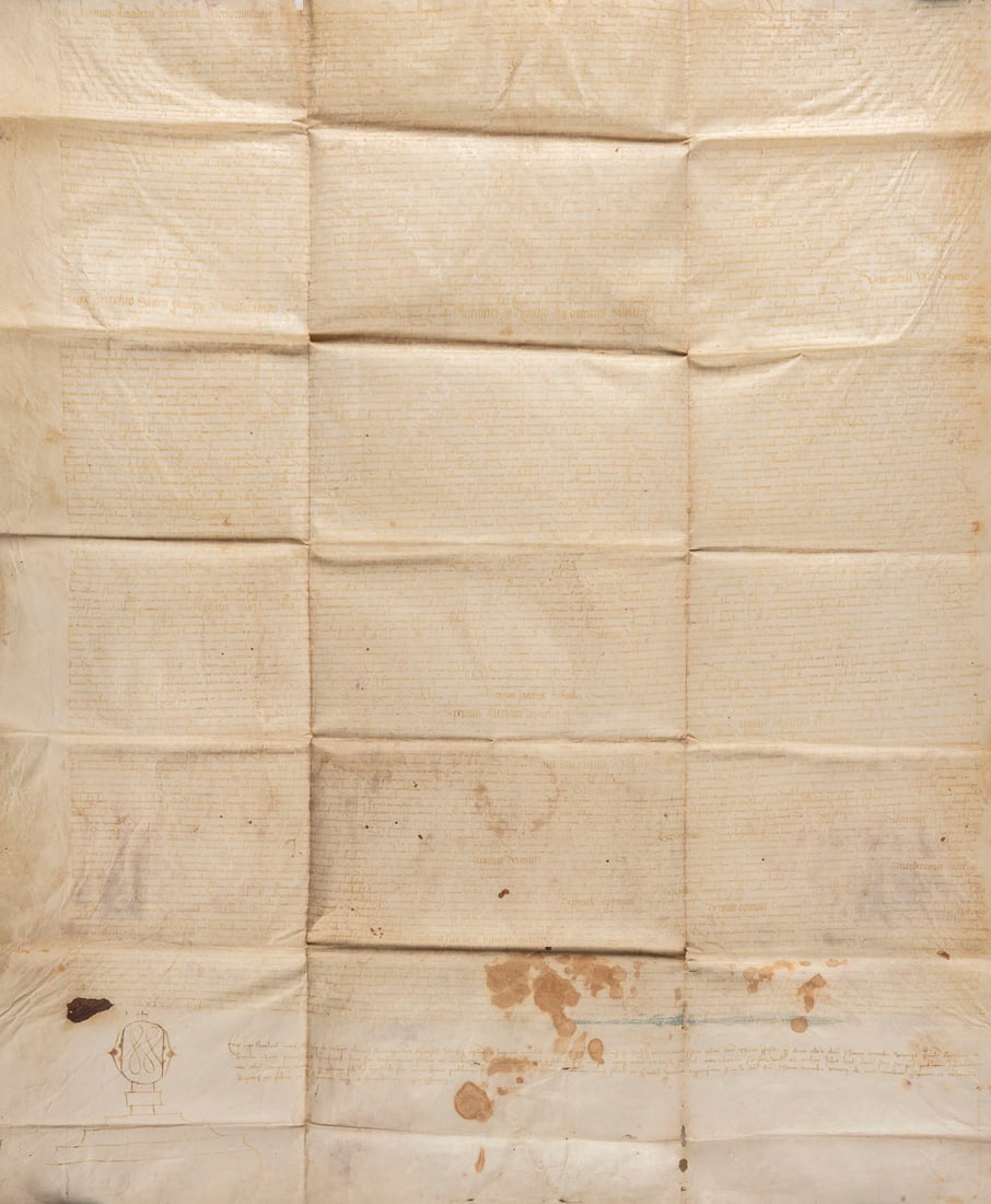 | NOTARIATSINSTRUMENT: NOTARIATSINSTRUMENT um 1496 Lateinische Handschrift, Tinte auf Pergament; mehrfach gefaltet. Ca. 72 x 60 cm. Gebräunt, fleckig, part. löchrig. 'Thomas Amadeus de Ferraria decretorum doctor (...)'; V