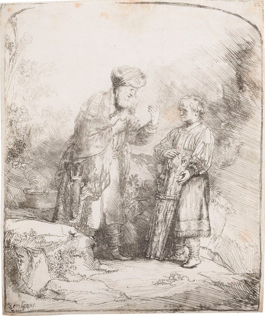 REMBRANDT HARMENSZOON VAN RIJN | 'ABRAHAM MIT ISAAK SPRECHE: REMBRANDT HARMENSZOON VAN RIJN 1606 Leiden - 1669 Amsterdam 'ABRAHAM MIT ISAAK SPRECHEND' (1645) Radierung auf dünnem, glattem Papier ohne erkennbare Büttenstruktur oder erkennbares Wasserzeichen. B