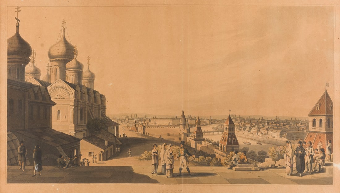 | PANORAMAANSICHT VON MOSKAU: PANORAMIC VIEW OF MOSCOW FROM THE KREMLIN England, London, R. Bowyer, 1816 Aquatint on paper. Visible size 31 x 54 cm (F. 48,5 x 69 cm). Framed behind glass in passepartout (verso sealed, unopened). T