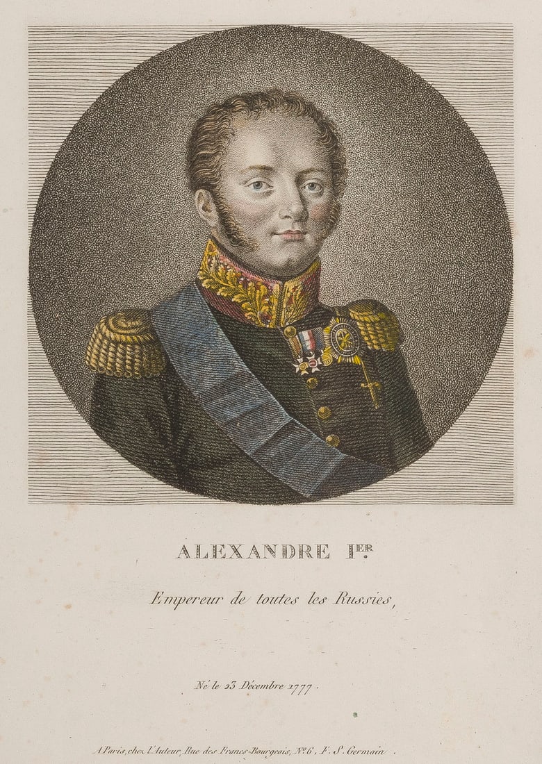 | PORTRAIT VON ALEXANDER I.: PORTRAIT OF ALEXANDER I France, Paris, around 1815 Colored engraving on paper. Visible size 23 x 16,5 cm (F. 40,5 x 33 cm). Framed behind glass in passepartout (verso sealed, unopened). Inscr. in Fren
