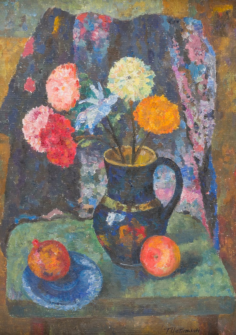 GRIGORIJ ISRAILEWITSCH ZEITLIN | STILLLEBEN MIT BLUMEN: GRIGORY IZRAILEVICH CEITLIN 1911 Chernevka - 2000 Moscow STILL LIFE WITH FLOWERS Oil on canvas laid down on cardboard. 49,5 x 35,5 cm (F. 58 x 43,5 cm). Signed in Cyrillic lower right 'G. Ceitlin'. Ve