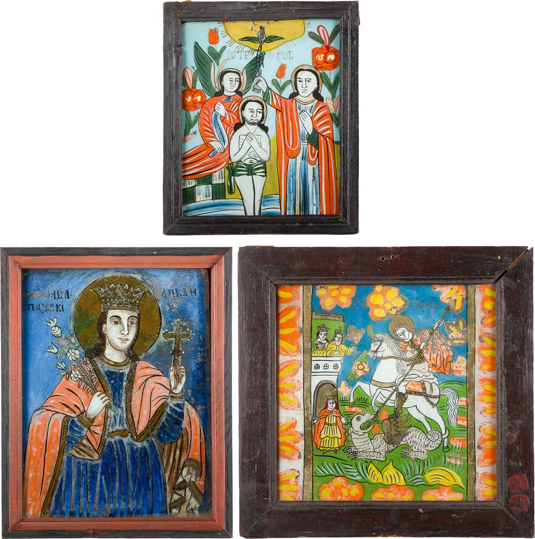 | DREI HINTERGLAS-IKONEN: TAUFE CHRISTI, HEILIGER GEORG DER DRACHENTOeTER SOWIE HEILIGE PARASKEWA (1 of 4)