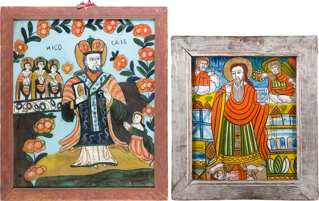 | ZWEI HINTERGLAS-IKONEN: HEILIGER CHARALAMPOS SOWIE HEILIGER NIKOLAUS: TWO REVERSE PAINTINGS ON GLASS DEPICTING ST. HARALAMPOS AND ST. NICHOLAS Romanian, 19th century Painted on glass, the haloes and details partially made of gold. Losses. 44 x 38.5 cm/69.3 x 59 cm.ZWEI