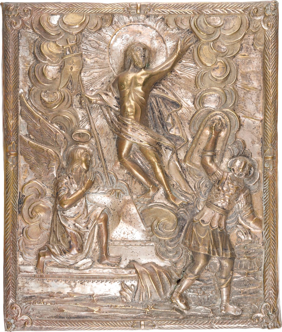 | RELIEF MIT AUFERSTEHUNG CHRISTI: A BRASS RELIEF SHOWING THE RESURRECTION OF CHRIST Russian, 18th century Chased, partially silvered. With small missing parts. 27 x 23 cm.RELIEF MIT AUFERSTEHUNG CHRISTI Russland, 18. Jh. Messing, getr