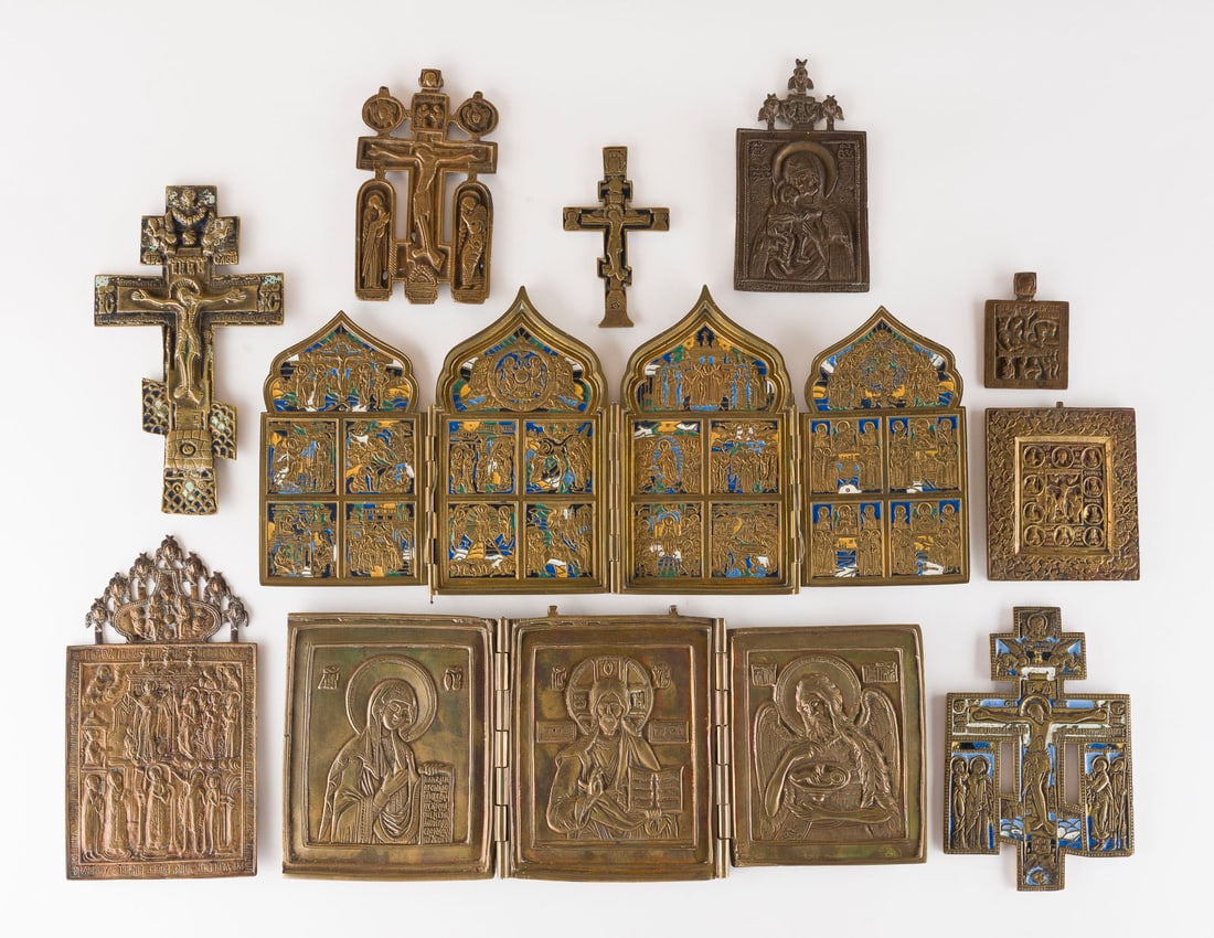 | SAMMLUNG VON ZEHN BRONZE-IKONEN: DARSTELLUNGEN CHRISTI UND DER GOTTESMUTTER SOWIE FESTTAGE: A COLLECTION OF TEN BRASS ICONS DEPICTING IMAGES OF CHRIST AND THE MOTHER OF GOD AS WELL AS LITURGICAL FEASTS Russian, 16th-19th century Cast in relief, partially multi-coloured enamelled. Enamel part