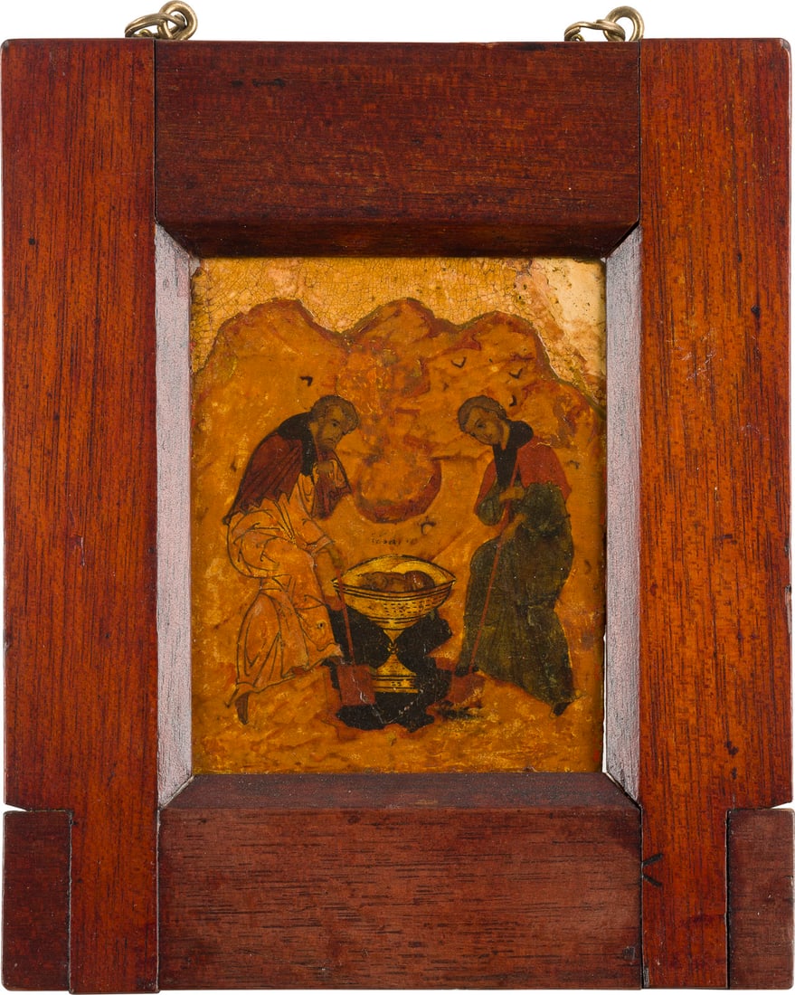 | FEINES TABLETKA MIT DER WUNDERSAMEN AUFFINDUNG DES HAUPTES JOHANNES DES VORLAeUFERS: A FINE DOUBLE-SIDED TABLETKA SHOWING THE FINDING OF THE HEAD OF ST. JOHN THE FORERUNNER Russian, 16th century Finely painted in great detail, the chalice made of gold. The background stripped to gesso