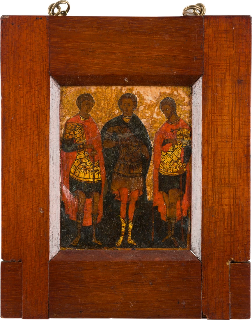 | FEINES TABLETKA MIT DEM PROPHETEN ELIAS UND DREI KRIEGERHEILIGEN: A FINE DOUBLE-SIDED TABLETKA SHOWING THE PROPHET ELIJAH AND THREE WARRIOR SAINTS Russian, 16th century Finely painted in great detail, the haloes made of gold. Damages, restored. 14.7 x 12.4 cm (with