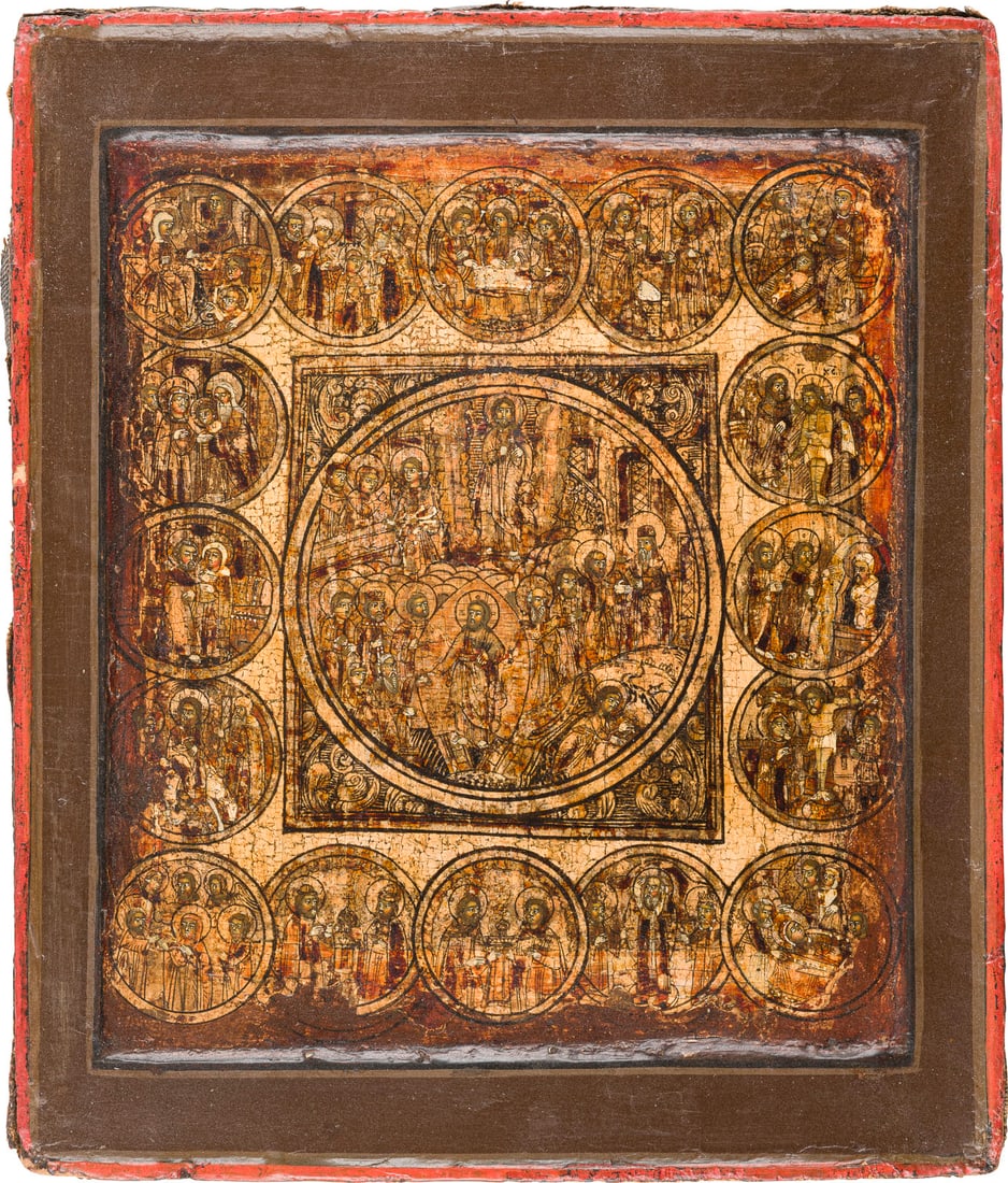 | SELTENE IKONE MIT DER AUFERSTEHUNG UND HOeLLENFAHRT UND 16 HOCHFESTEN DES ORTHODOXEN KIRCHENJAHRES: A RARE ICON SHOWING THE RESURRECTION OF CHRIST AND THE DESCENT INTO HELL SURROUNDED BY 16 FESTIVALS Russian, 17th century Tempera on wood panel with double kovcheg. The haloes and garments made of sil