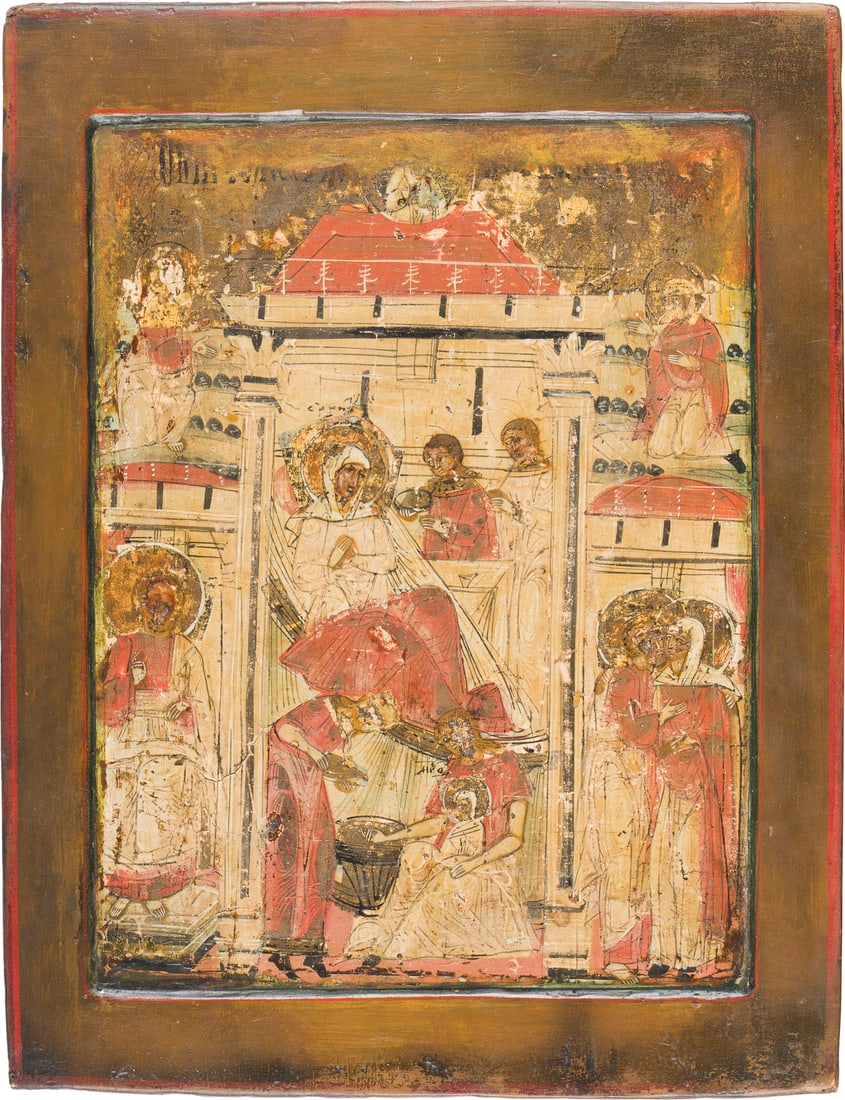 | IKONE MIT DER GEBURT DER GOTTESMUTTER: AN ICON OF THE NATIVITY OF THE MOTHER OF GOD Russian, 18th century Tempera on wood panel with kovcheg, with a silvered background glazed in gold. Paint losses. 31 x 24 cm.IKONE MIT DER GEBURT DER GOTT