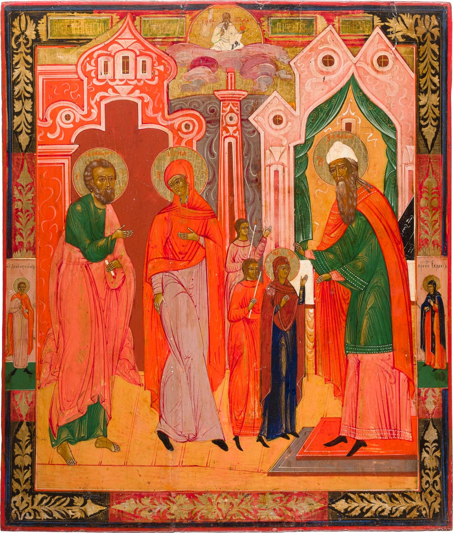 | GROSSFORMATIGE IKONE MIT DEM TEMPELGANG DER GOTTESMUTTER: A VERY LARGE ICON SHOWING THE ENTRY OF THE MOTHER OF GOD INTO THE TEMPLE Russian, mid 19th century Tempera on wood panel. The haloes and border made of silver, covered by a golden lacquer. Vertical cr