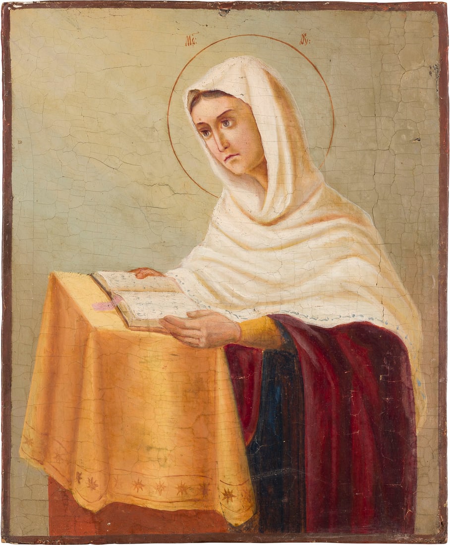 | GROSSE IKONE MIT DER GOTTESMUTTER AUS EINER VERKUeNDIGUNG: A LARGE ICON SHOWING THE MOTHER OF GOD FROM AN ANNUNCIATION Russian, 19th century Oil on wood panel. Partially restored. 38 x 31.4 cm.GROSSE IKONE MIT DER GOTTESMUTTER AUS EINER VERKUeNDIGUNG Russland