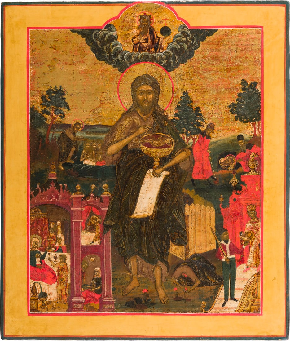 | GROSSE IKONE MIT JOHANNES DEM VORLAeUFER MIT SZENEN SEINER VITA: A LARGE ICON SHOWING ST. JOHN THE FORERUNNER WITH SCENES FROM HIS LIFE Russian, 18th century Tempera on wood panel. Two icon depicting four scenes from the life of St. John the Forerunner painted agai
