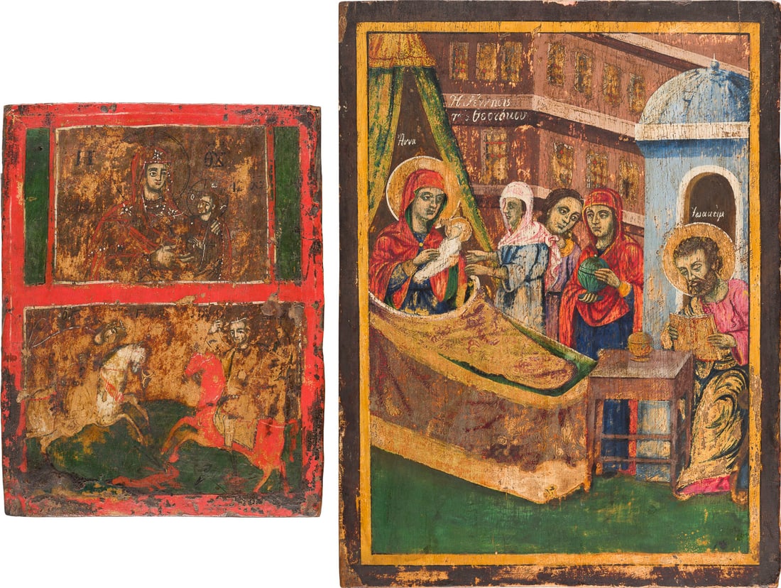 | ZWEI IKONEN: ZWEIFELDER-IKONE MIT DER GOTTESMUTTER UND REITERHEILIGEN UND DIE GEBURT DER: TWO ICONS: A TWO-PARTITE ICON SHOWING THE MOTHER OF GOD AND TWO WARRIOR SAINTS AND THE NATIVITY OF THE MOTHER OF GOD Greek, 18th/19th century Tempera on wood panels. The haloes and background made of