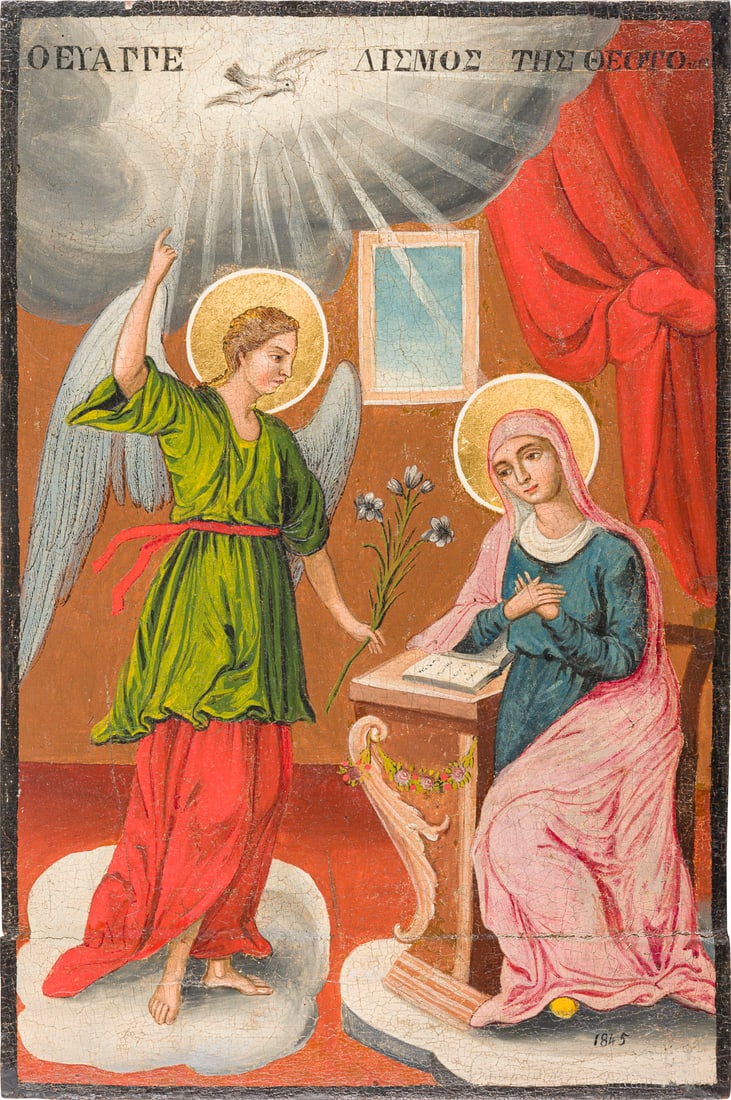 | GROSSE DATIERTE IKONE MIT DER VERKUeNDIGUNG DER GOTTESMUTTER: A LARGE DATED ICON SHOWING THE ANNUNCIATION OF THE MOTHER OF GOD Greek, dated 1845 Oil on wood panel. The haloes made of gold. Horizontal crack minimally restored. Dated '1845' lower right. 46.2 x 31.