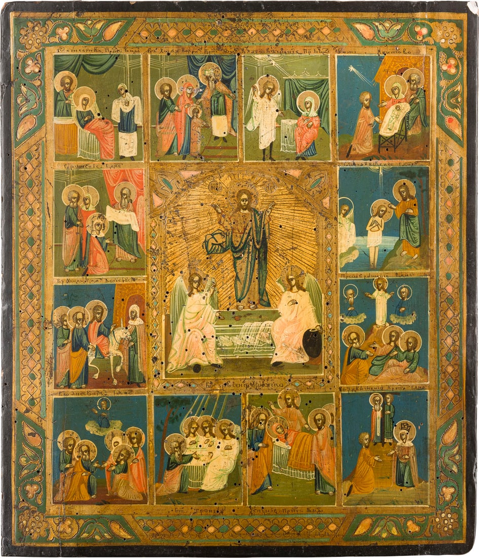 | IKONE MIT DER AUFERSTEHUNG CHRISTI UND ZWOeLF HOCHFESTEN (1 of 1)