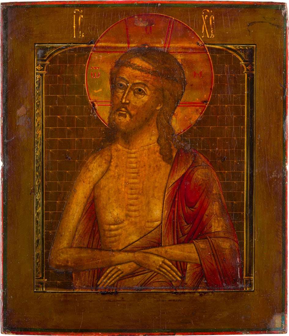 | SELTENE IKONE MIT DEM DORNENGEKROeNTEN CHRISTUS: A RARE ICON SHOWING CHRIST CROWNED WITH THORNS Russian, 19th century Tempera on wood panel with kovcheg. The haloes made of silver, covered by a golden lacquer. Minor areas of retouching. 34.8 x 30.3
