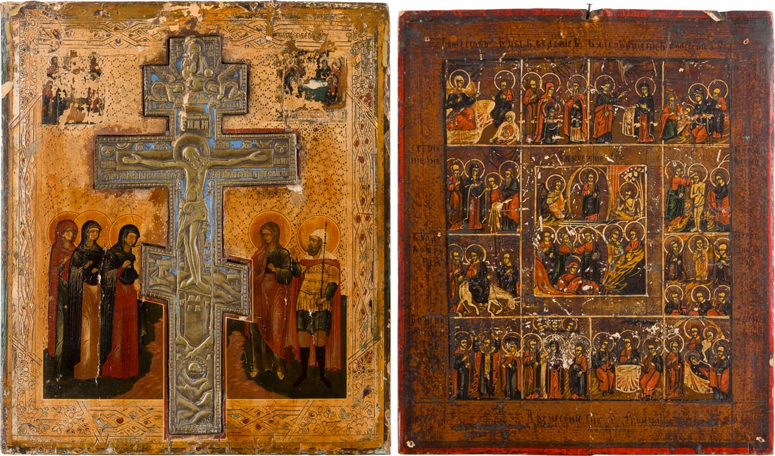 | ZWEI IKONEN: STAUROTHEK UND FESTTAGSIKONE: TWO ICONS: THE CRUCIFIXION AND A FESTIVAL ICON Russian, 19th century Tempera on wood panels. The background made of silver, covered by a golden lacquer. A brass and enamel crucifix set into the panel.