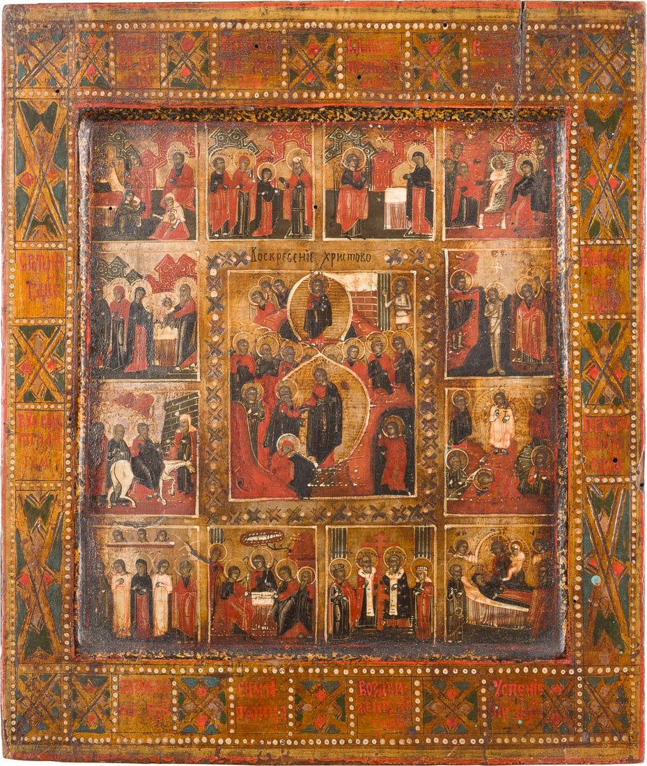 | FESTTAGSIKONE: AN ICON SHOWING THE RESURRECTION AND THE DESCENT INTO HELL SURROUNDED BY TWELVE MAJOR FEASTS OF THE CHURCH Russland, Ende 19. Jh. Russian, late 19th century Verbund dreier Bretter mit zwei Rueckseiten