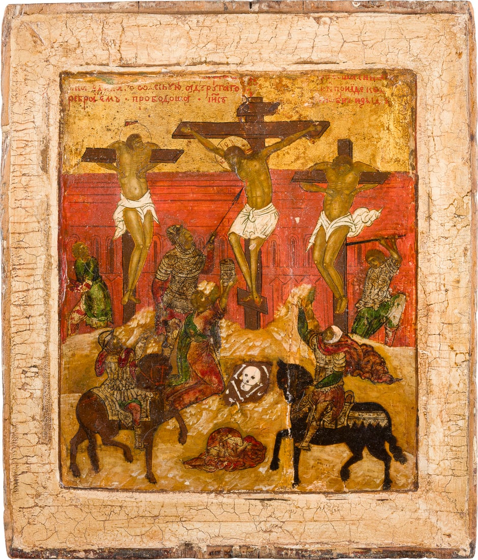 | SEHR FEINE IKONE MIT DER KREUZIGUNG CHRISTI FLANKIERT VON DEM GUTEN UND DEM SCHLECHTEN SCHAeCHER (1 of 7)