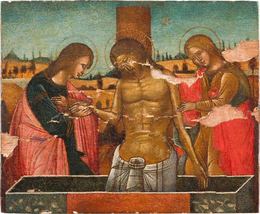 ANGELOS PITZAMANOS | SIGNIERTE IKONE MIT DER GRABLEGUNG CHRISTI: ANGELOS PITZAMANOS 1467 Crete - 1535 Otranto SIGNIERTE IKONE MIT DER GRABLEGUNG CHRISTI A SIGNED ICON SHOWING THE ENTOMBMENT OF CHRIST Veneto-Kretisch, um 1500 Veneto-Cretan, circa 1500 Laubholz-Tafel