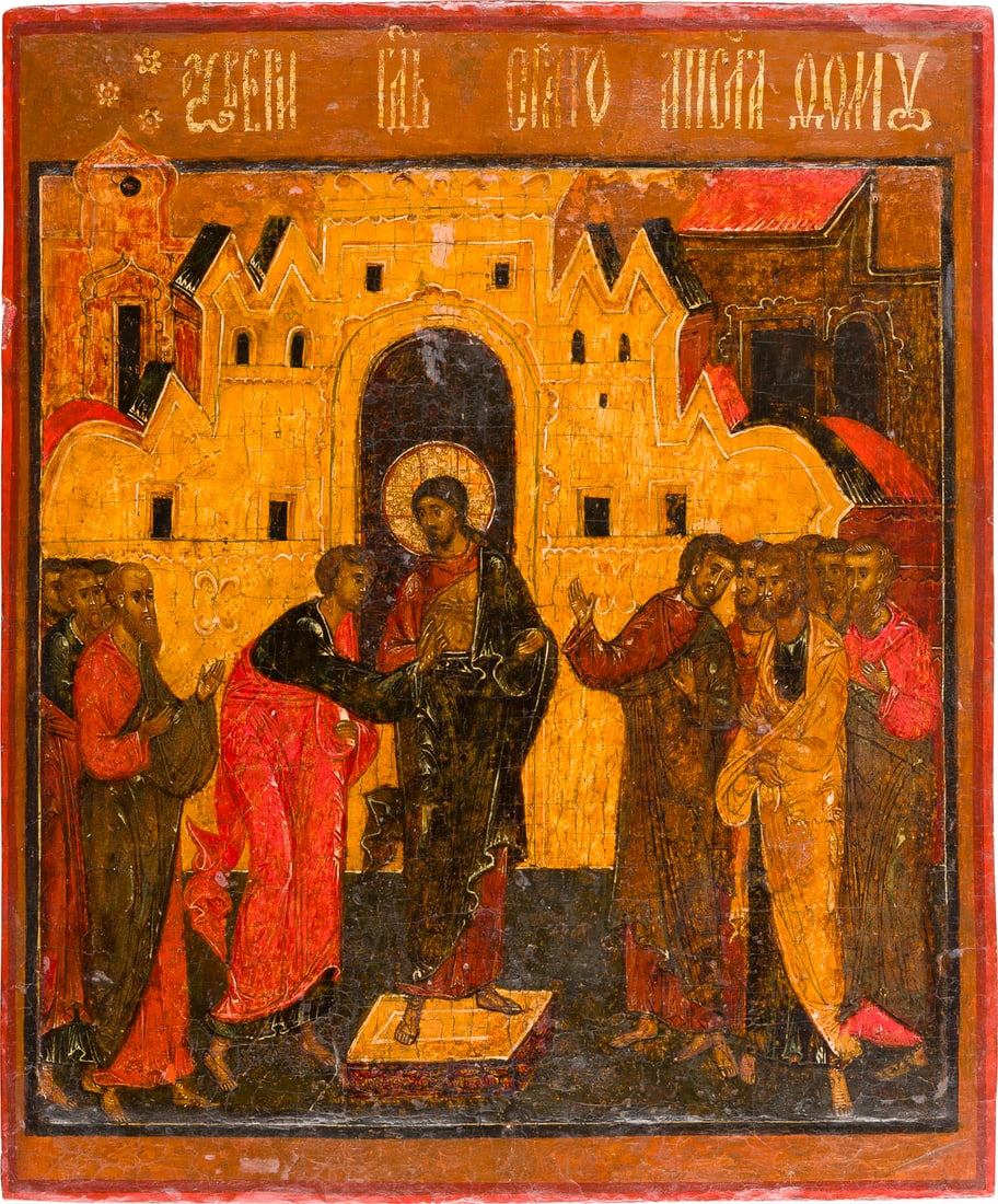 | SEHR FEINE UND GROSSFORMATIGE IKONE MIT DEM UNGLAeUBIGEN THOMAS AUS EINER KIRCHEN-IKONOSTASE: A VERY FINE AND LARGE ICON OF DOUBTING THOMAS FROM A CHURCH ICONOSTASIS KIRCHEN-IKONOSTASE Russian, 16th century Russland, 16. Jh. Tempera on wood panel with kovcheg. The halo made of gold. Christ is