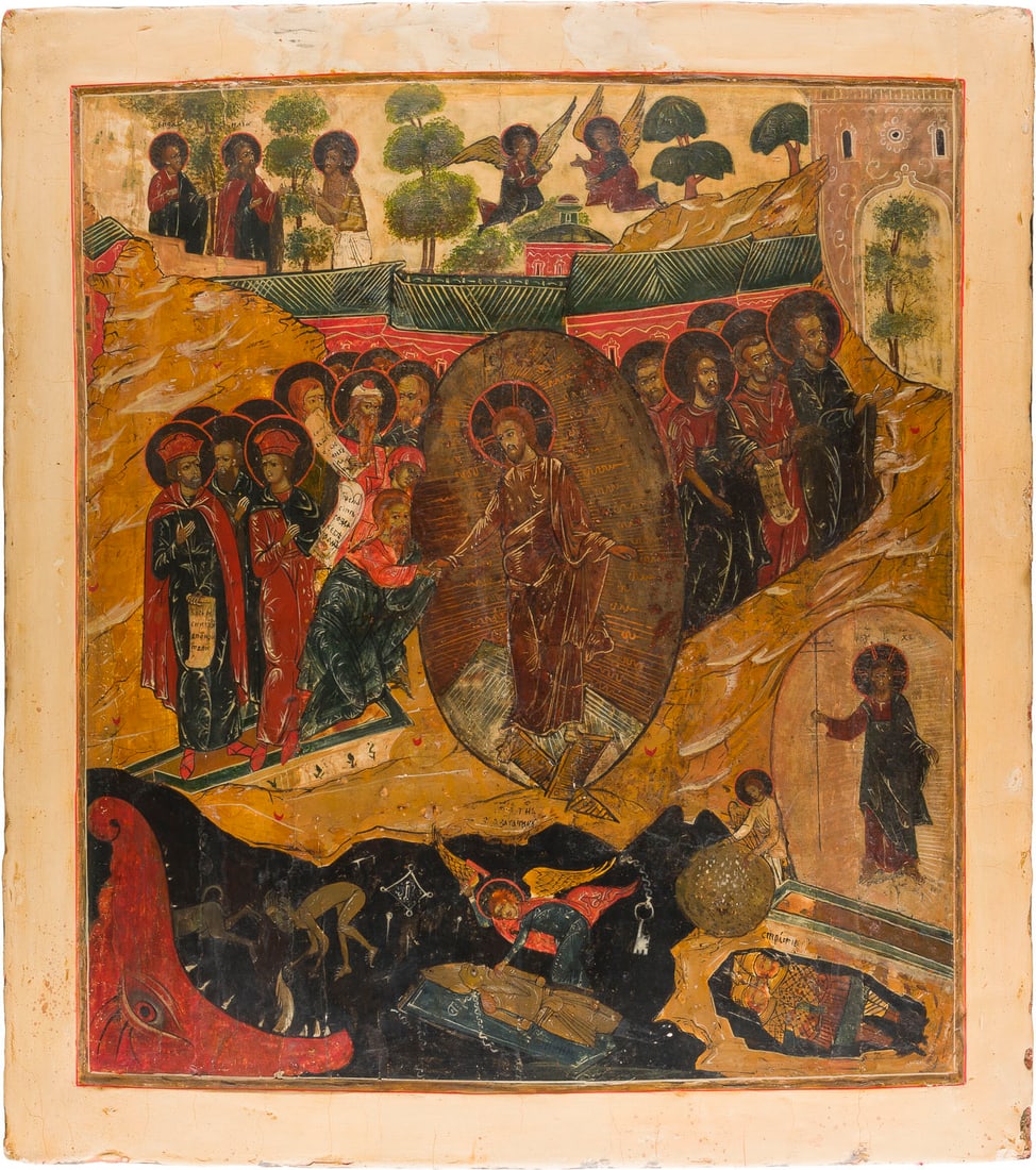 | MONUMENTALE IKONE MIT DER HOeLLENFAHRT CHRISTI UND DER BEFREIUNG DER VORVAeTER AUS DEM HADES AUS: A MONUMENTAL ICON SHOWING THE DESCENT INTO HELL AND THE HARROWING OF HELL FROM A CHURCH ICONOSTASIS North Russian, late 17th century Tempera on wood panel with kovcheg. The haloes made of silver. The