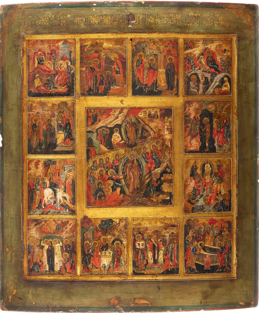 | GROSSFORMATIGE FESTTAGSIKONE: A LARGE ICON SHOWING THE RESURRECTION OF CHRIST AND THE MAIN LITURGICAL FEASTS Russian, Mstera, 19th century Tempera on wood panel with kovcheg. Finely executed in great detail on a gold ground. Parti