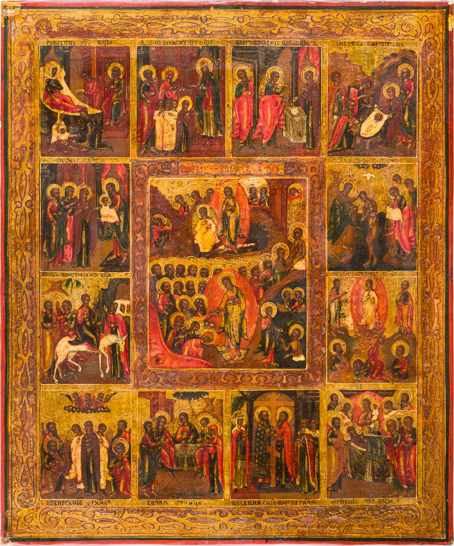 | IKONE MIT DER HOeLLENFAHRT UND AUFERSTEHUNG CHRISTI MIT ZWOeLF HOCHFESTEN: AN ICON SHOWING THE RESURRECTION OF CHRIST AND THE DESCENT INTO HELL WITH TWELVE MAJOR FEASTS Russland, um 1870 Russian, circa 1870 Holztafel mit zwei Rueckseiten-Sponki. Eitempera auf Kreidegrund, Hi