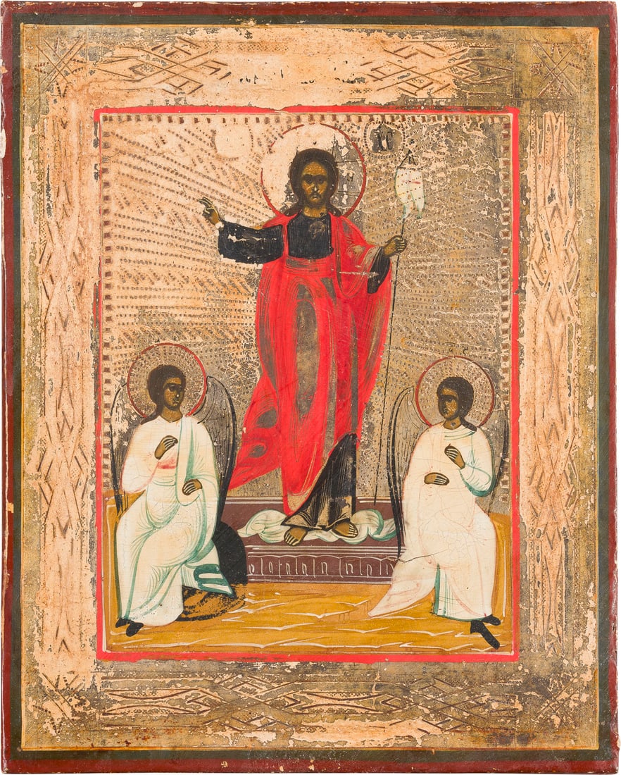 | KLEINE IKONE MIT DER AUFERSTEHUNG CHRISTI UND TRIPTYCHON MIT DER HEILIGEN PARASKEWA: A SMALL ICON SHOWING THE RESURRECTION OF CHRIST AND A BRASS TRIPTYCH SHOWING ST. PARASKEVA Russian, circa 1870 / 18th century Tempera on wood panel. The background made of silver, covered by a golden