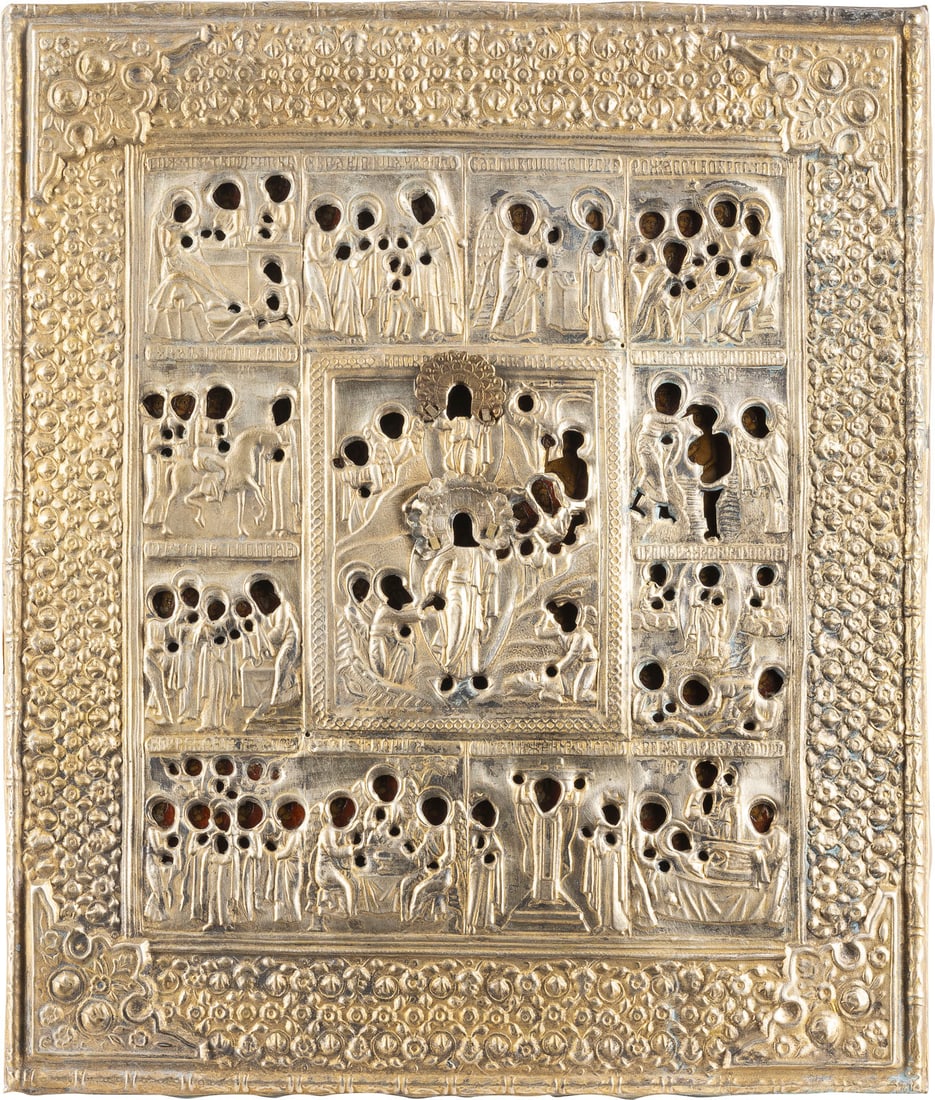 | FESTTAGSIKONE MIT OKLAD: A FEAST DAY ICON WITH OKLAD Russian, late 19th century Tempera on wood panel. Overlaid with a chased metal oklad. 31 x 26.5 cm.FESTTAGSIKONE MIT OKLAD Russland, Ende 19. Jh. Holztafel mit zwei Rueckse