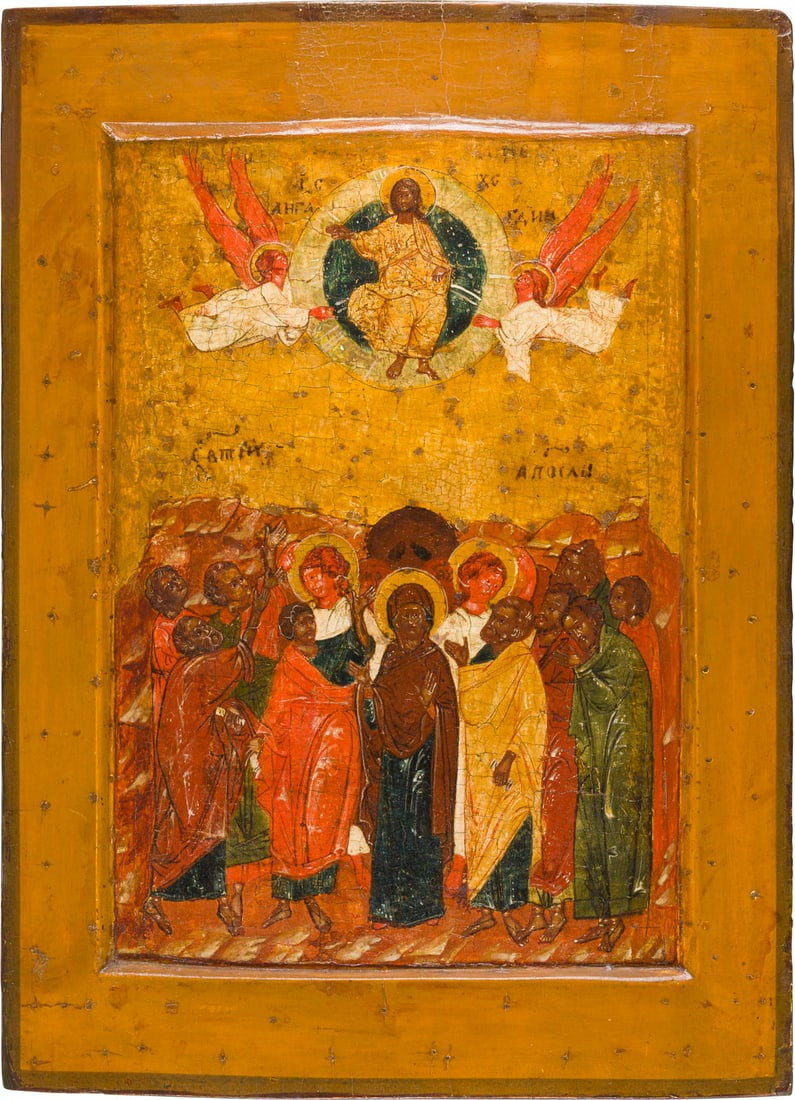 | IKONE MIT DER HIMMELFAHRT CHRISTI: AN ICON OF THE ASCENSION OF CHRIST Russian, mid-16th century Tempera on wood panel with kovcheg, partial gilding, set into a later panel (vrezka). Partial restorations. 33 x 24.3 cm.IKONE MIT DER HIMM