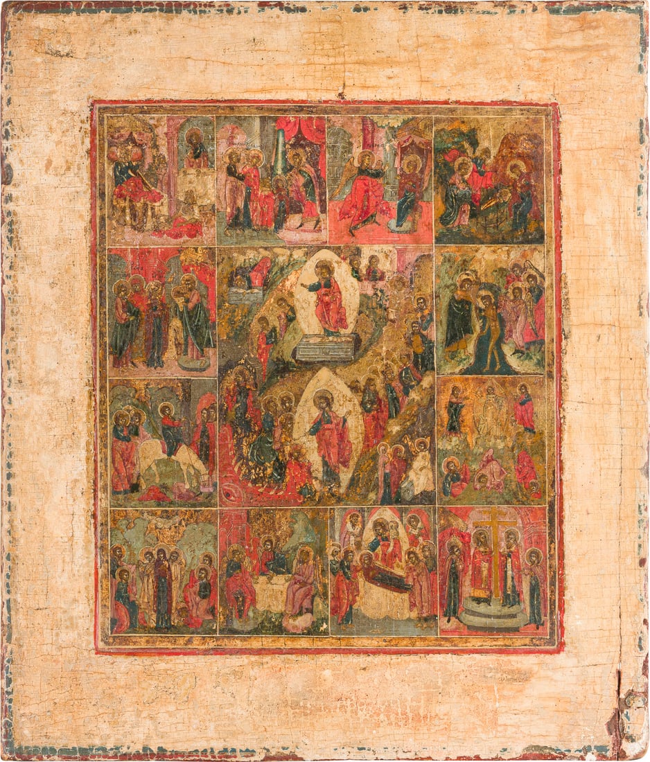 | FESTTAGSIKONE: AN ICON OF THE RESURRECTION OF CHRIST AND THE DESCENT INTO HELL AND THE MAJOR LITURGICAL FEASTS Russland, um 1800 Russian, circa 1800 Einzeltafel mit zwei Rueckseiten-Sponki (eine verloren). Kowtscheg