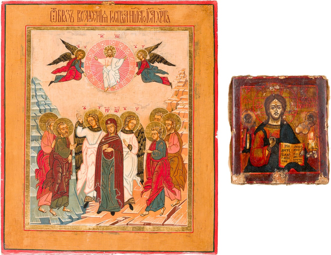 | ZWEI IKONEN: CHRISTUS PANTOKRATOR MIT HEILIGEN UND HIMMELFAHRT CHRISTI: TWO ICONS: CHRIST PANTOKRATOR FLANKED BY TWO SAINTS AND THE ASCENSION OF CHRIST Russian, 19th century / recent Tempera / oil on wood panels. Losses. 13.1 x 11.7 cm / 30.8 x 26 cm.ZWEI IKONEN: CHRISTUS