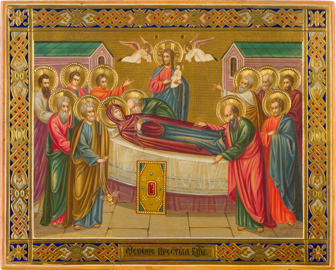 | KLEINE IKONE MIT DEM ENTSCHLAFEN DER GOTTESMUTTER (KOIMESIS) NACH DEM VORBILD DER: A SMALL ICON SHOWING THE DORMITION OF THE MOTHER OF GOD AFTER THE ICON SHOWING THE ICON OF THE PECHERSKIY MONASTERY IN KIEV Ukrainian, late 19th century Tempera on wood panel. The borders ornately inc