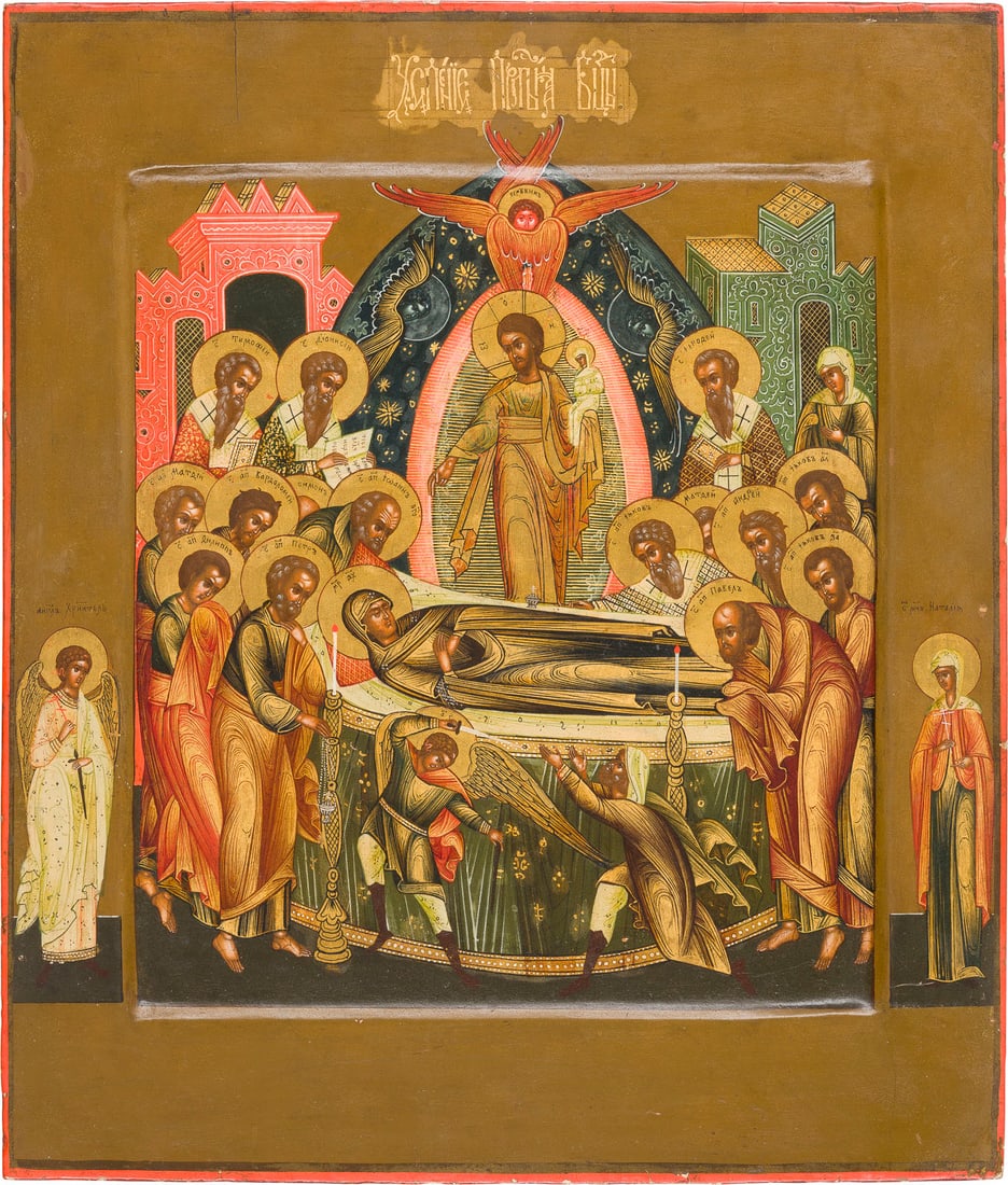 | FEINE IKONE MIT DEM ENTSCHLAFEN DER GOTTESMUTTER (KOIMESIS): A FINE ICON SHOWING THE DORMOTION OF THE MOTHER OF GOD Russian, Mstera, circa 1900 Tempera on wood panel with kovcheg. The haloes made of gold. Two selected saints on the borders: Guardian Angel and S