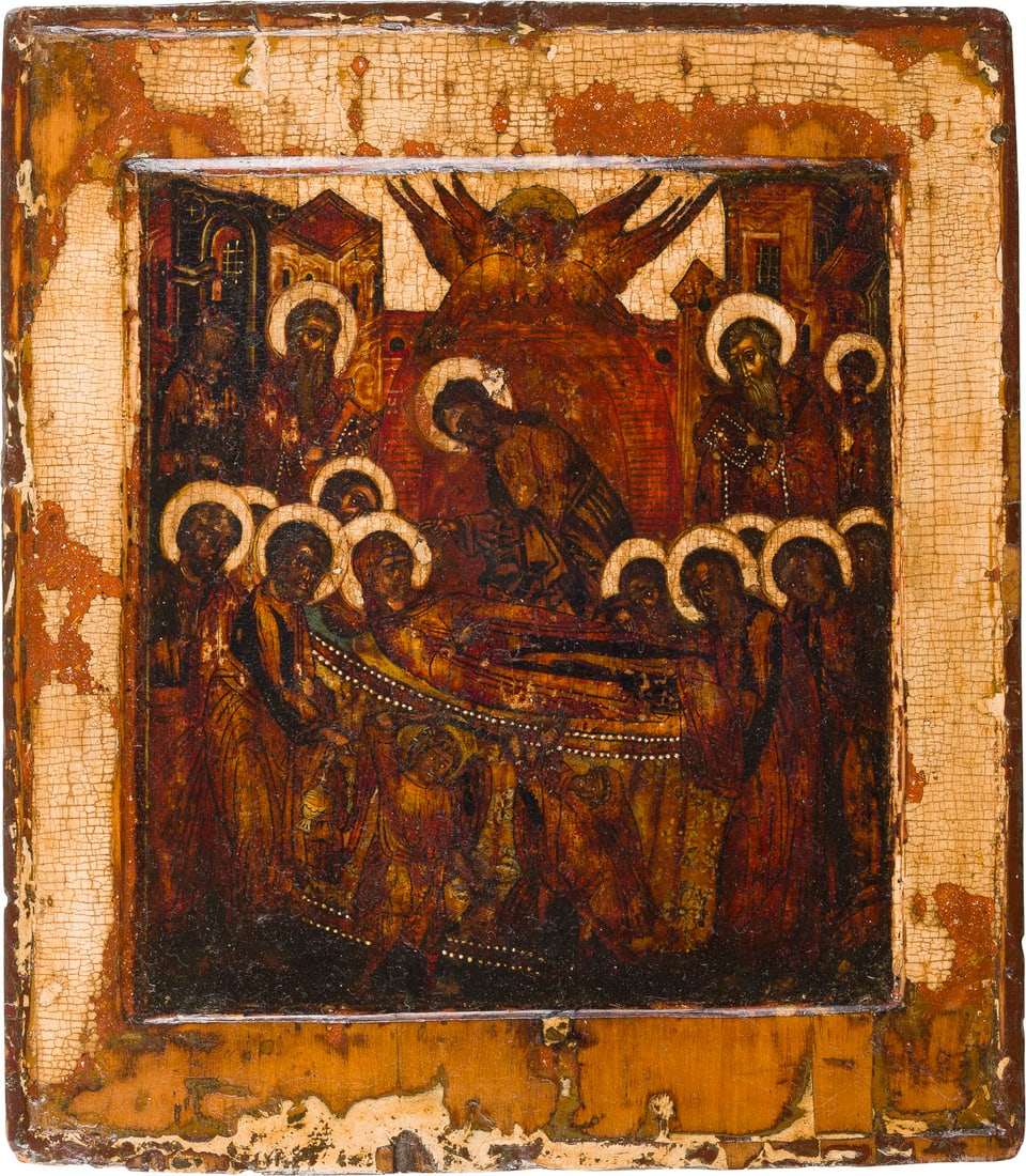 | IKONE MIT DEM ENTSCHLAFEN DER GOTTESMUTTER (KOIMESIS): AN ICON SHOWING THE DORMITION OF THE MOTHER OF GOD Russian, 17th century Tempera on wood panel with double kovcheg. The garments made of silver, covered by a golden lacquer. Losses, the border and bac